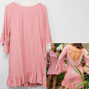 Boston Proper Embellished Fringe Dress Mini Pink Gold Metallic Size Medium New
